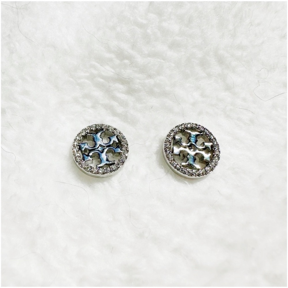 Tory Burch Miller Pavé Small Sterling Silver Cubic Zirconia T Logo Stud Earrings